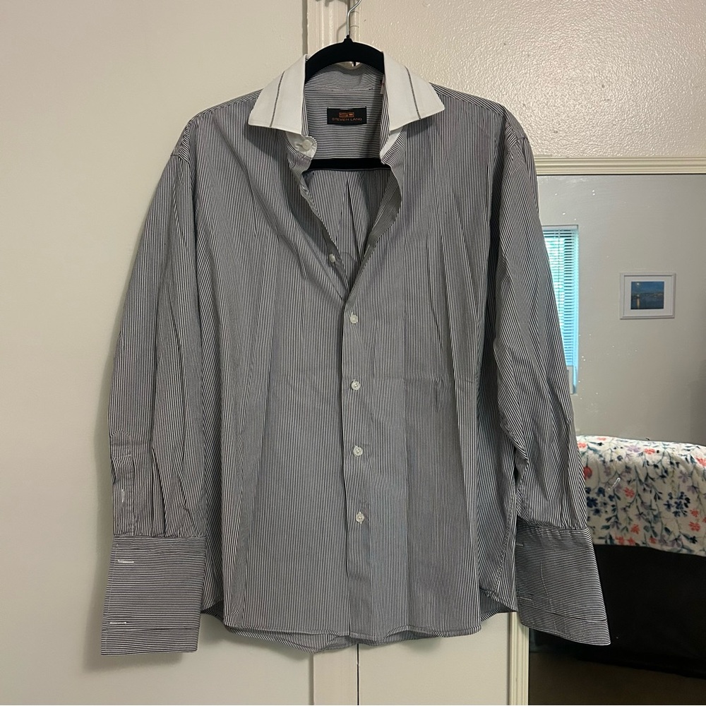 Steven Land Striped Dress Shirt with White Collar - Size 16 32/33